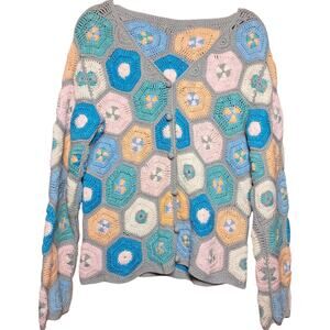 Vintage retro granny handmade crochet knit cardigan sweater rainbow pastel